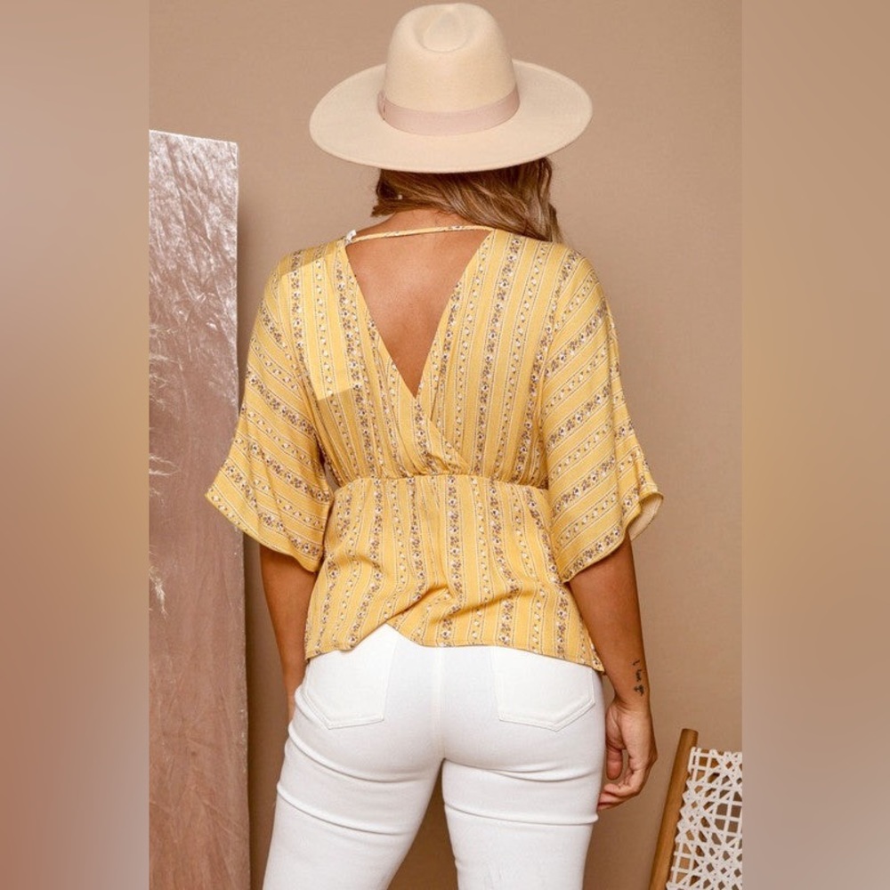 Yellow Mustard Deep V Neckline Floral Striped Babydoll Top - Picture 4 of 8
